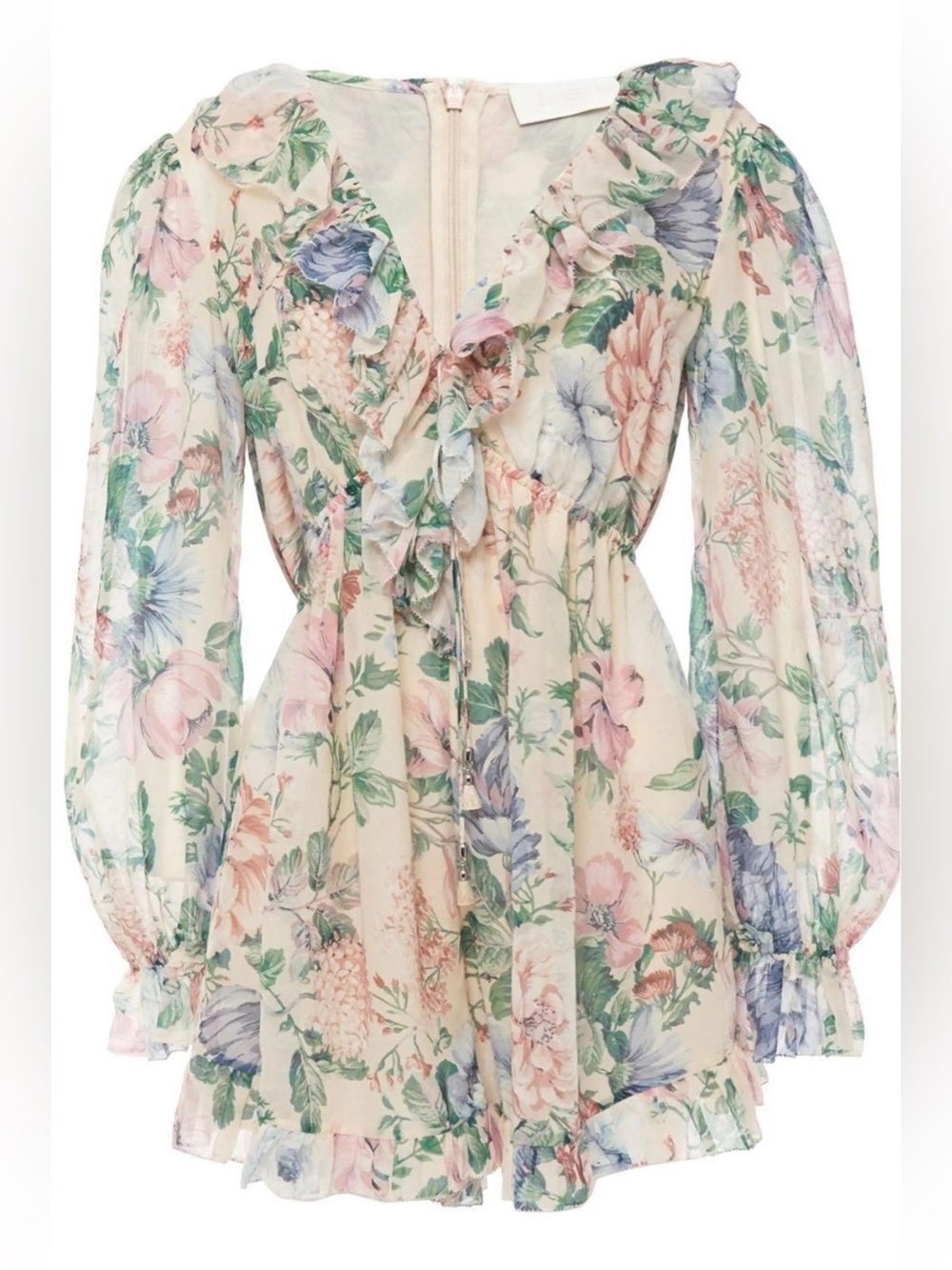 Zimmermann Cream Floral Ruffle V-Neck Tunic size 3